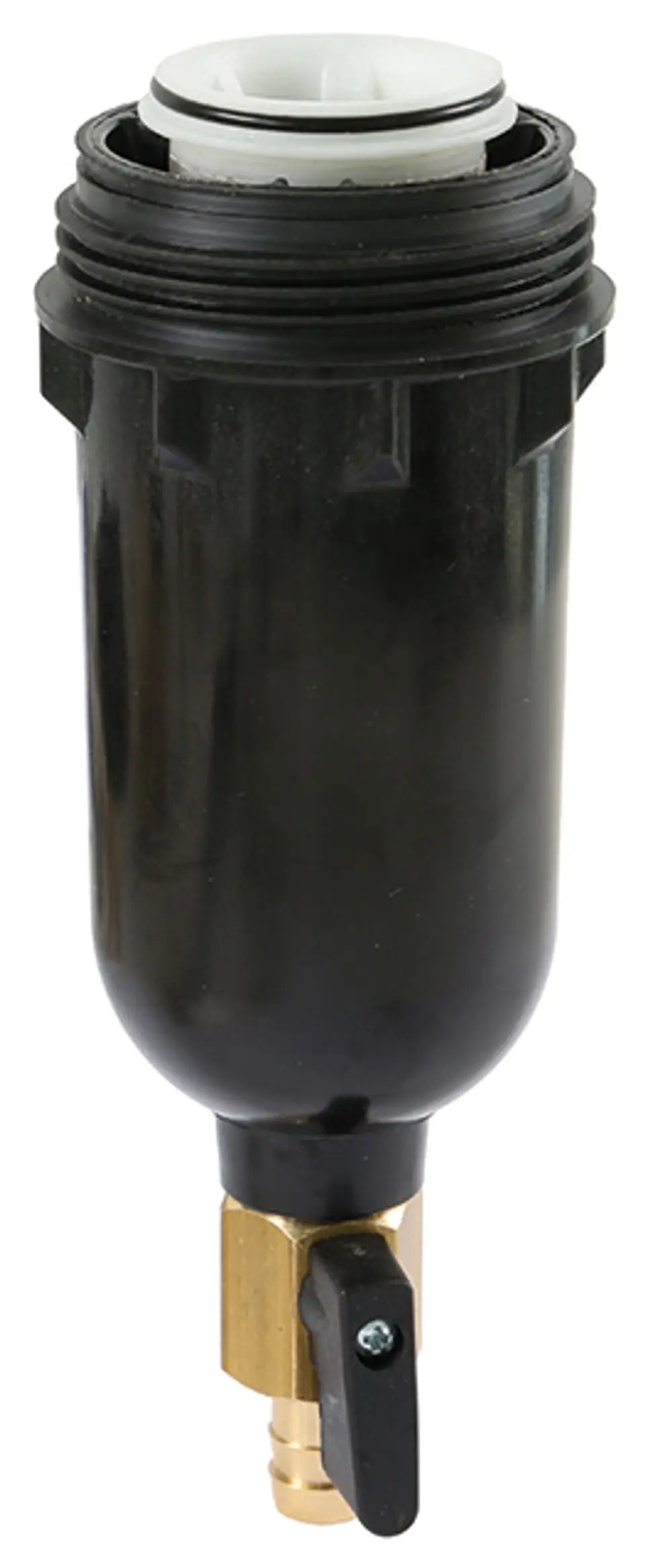 Syr-Filtereinheit mit schwarzem Gehäuse und einem goldfarbenen Anschluss. Der Filter hat einen Hebel und wird zur Wasseraufbereitung im Heizungsbereich verwendet.